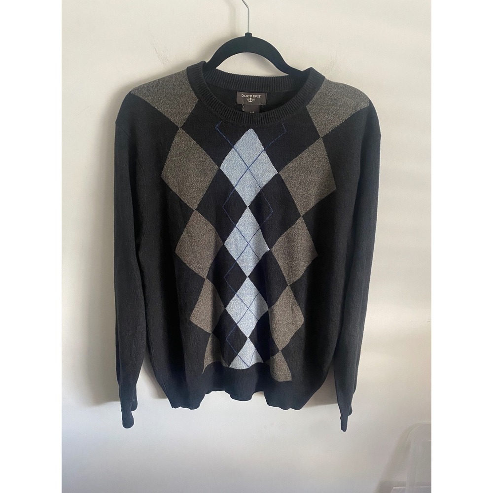 Mens Argyle Sweater Long Sleeve Crew‎ Neck Pullover Black Gray Blue L G